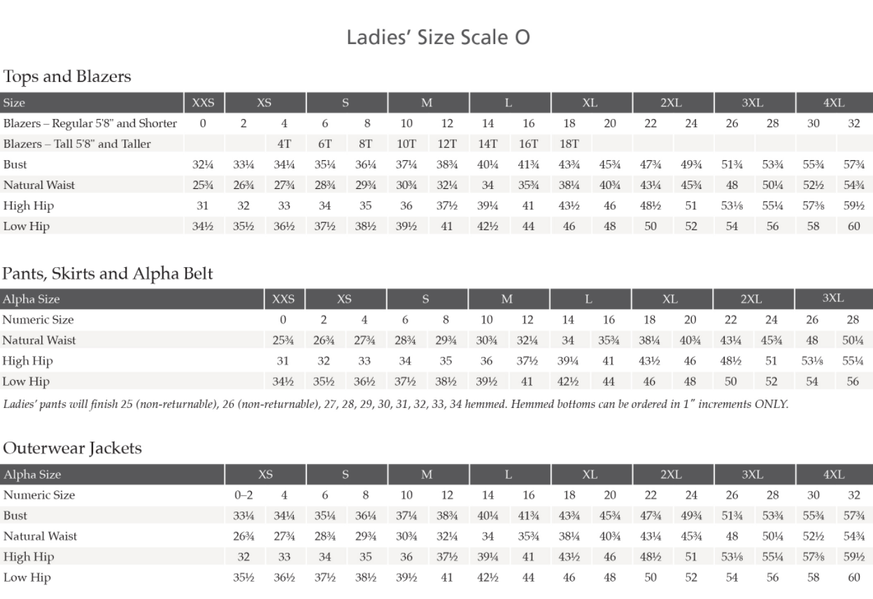 Edwards Garment Size Chart