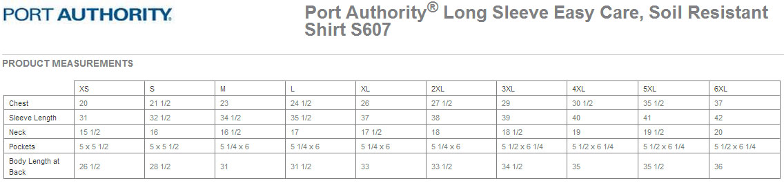 Port Authority Shirt Size Chart